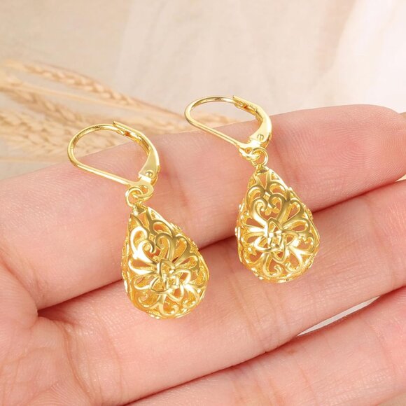 Women's14K Gold French Style Leverback lightweight Teardrop Dangle Drop Earring - Picture 4 of 7